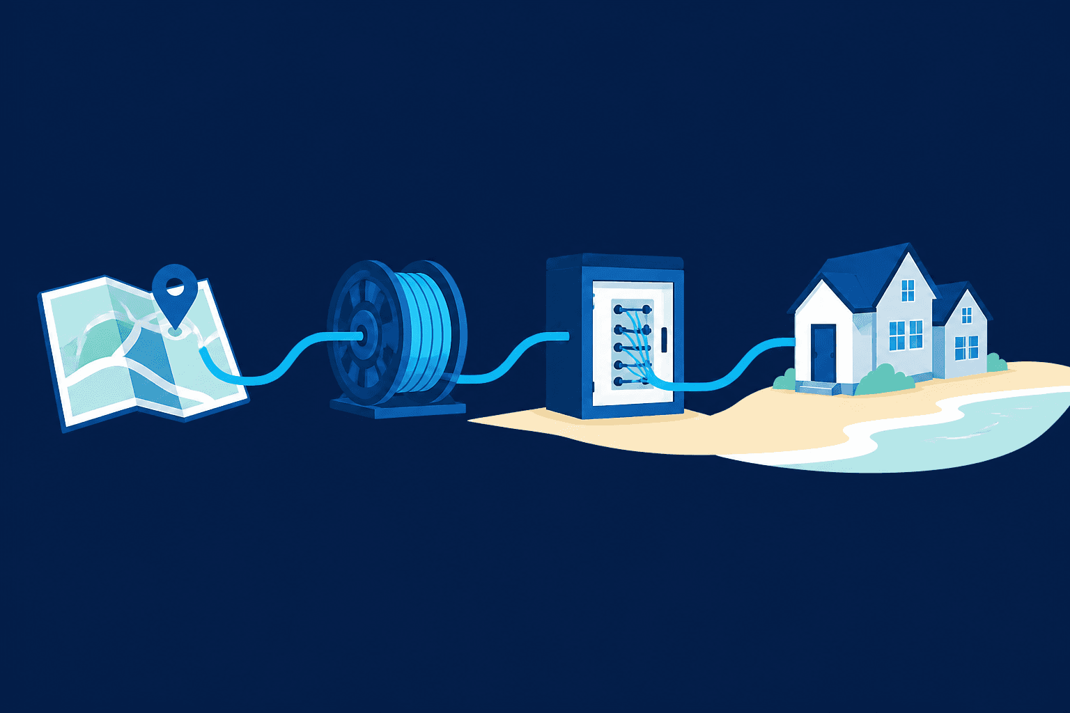 Simple illustration showing a fiber project moving from planning to a connected coastal home